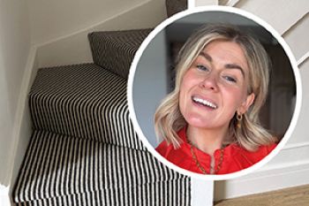 black and cream striped carpet on a curved staircase with inset photo of Briony Ace from Interior Design Masters